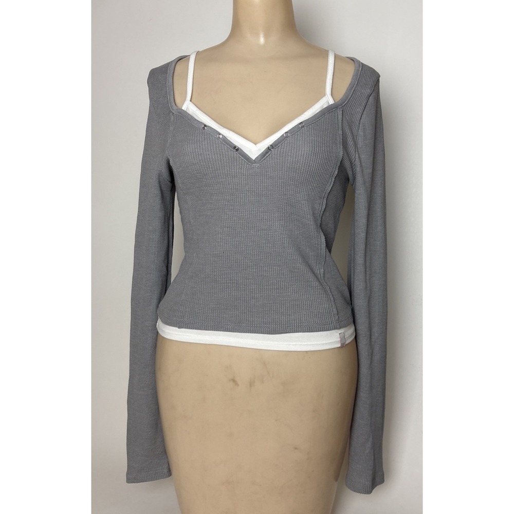 BDG Womens M Henley Long Sleeve Top Gray w White layered look Anthropologie